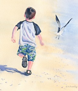 artfulpassages.com - Transitions Post.  Watercolor of sam on the beach with gull