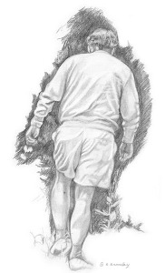 Pencil sketch of old man walking away, carrying a flower