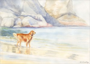 artfulpassages.com - Watercolor painting of Golden Retreiver on Oregon Beach