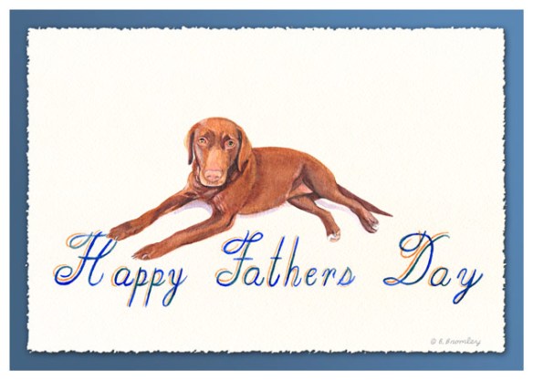 Watercolor painting of a dog, with fancy lettering that says "Happy Father's Day"
