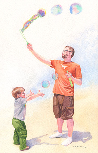 Watercolor painting of an uncle making soap bubbles for his nepheww