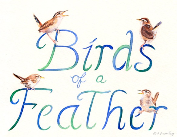 Watercolor painting of birds perching on the hand-lettered text 