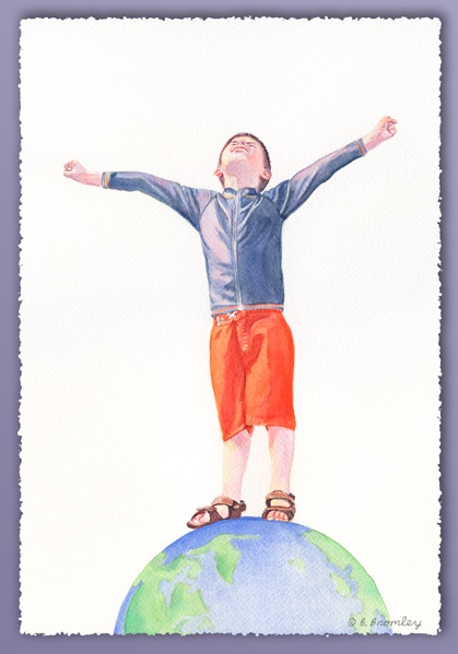 Watercolor painting of grandson Sam on his sixth birthday