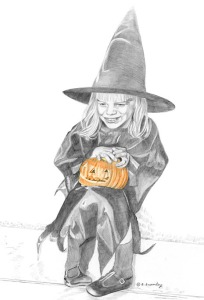 Pencil drawing of 4 year old girl in a Halloween witch costume, holding a pumpkin. 