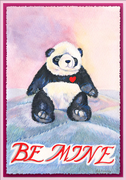 Valentine's Day Card - Watercolor painting of a stuffed-animal Panda bear, and the words "Be Mine" in hand-rendered lettering. 